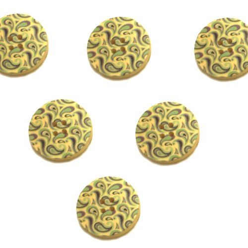 Lot 6 boutons bois : rond motif fantaisie 30mm (09)