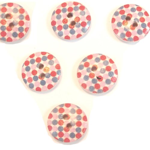 Lot 6 boutons bois : rond motif fantaisie 15mm (06)