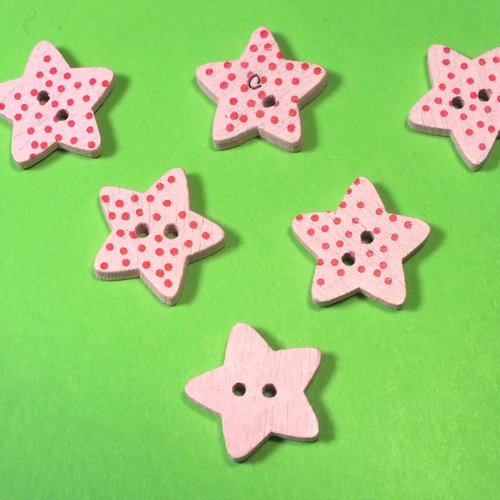 Lot 6 boutons bois : etoile rose clair 15mm