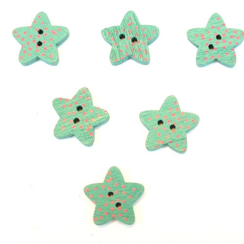 Lot 6 boutons bois : etoile vert 15mm