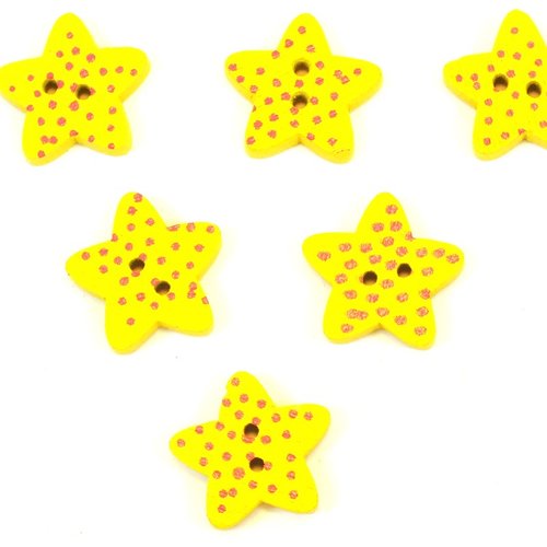 Lot 6 boutons bois : etoile jaune 15mm