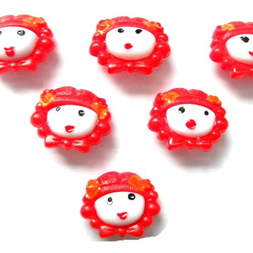 Lot 6 boutons acryliques : fille rouge 21*17mm (02)