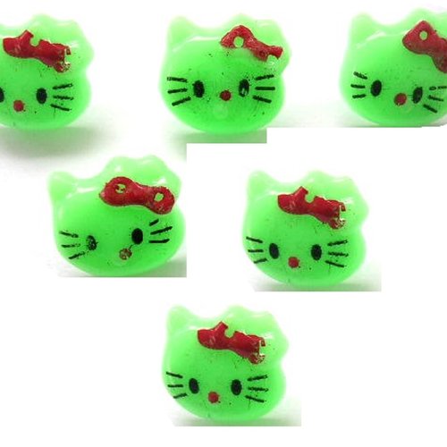 Lot 6 boutons acryliques : tête de chat vert 14*13mm