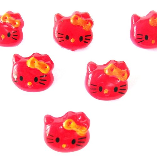 Lot 6 boutons acryliques : tête de chat rouge 14*13mm