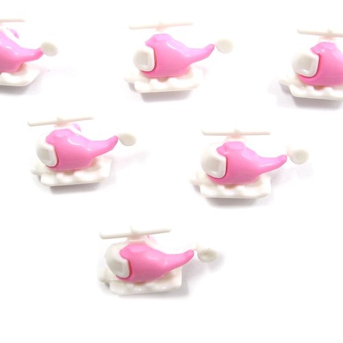 Lot 6 boutons acryliques : helicoptère rose/blanc 18*12mm