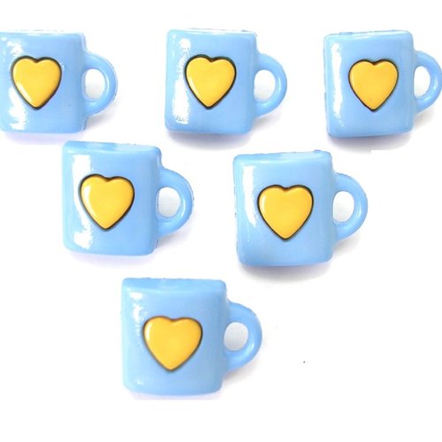 Lot 6 boutons acryliques : tasse bleu + coeur jaune 15*13mm