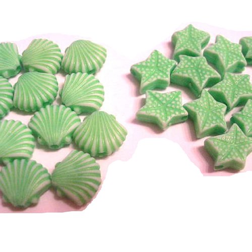 Perles acryliques : 24 coquilles et etoiles verts 10mm