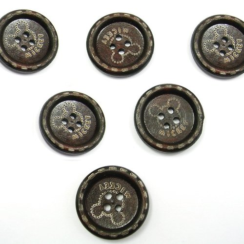 Lot 6 boutons bois : rond motif fantaisie marron 25mm (05)