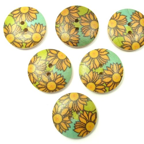 Lot 6 boutons bois : rond motif marguerite 23mm (01)