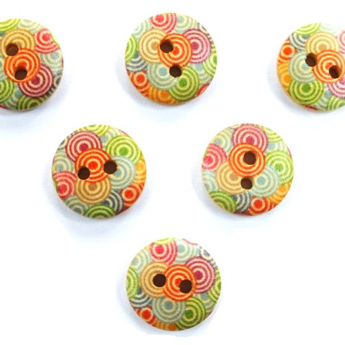 Lot 6 boutons bois : rond motif cercles 15mm (02)