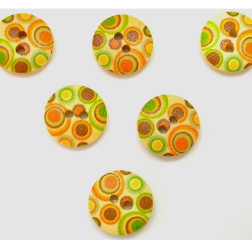 Lot 6 boutons bois : rond motif cercles 15mm (01)