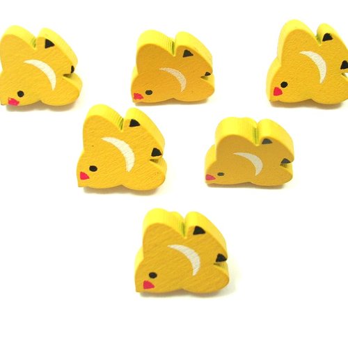 Lot 6 boutons bois : oiseau jaune/noir 16*15mm