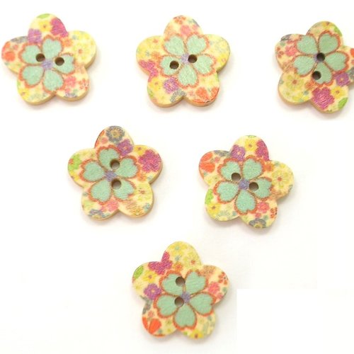 Lot 6 boutons bois : fleur motif fleur 17mm (04)