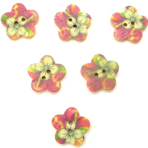 Lot 6 boutons bois : fleur motif fleur 17mm (09)