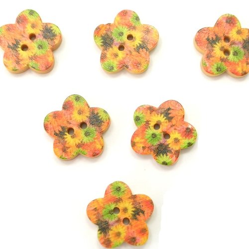 Lot 6 boutons bois : fleur motif fleur 17mm (07)