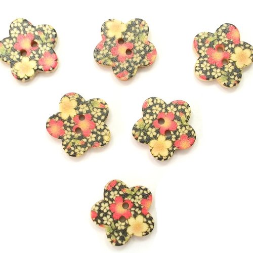 Lot 6 boutons bois : fleur motif fleur 17mm (08)