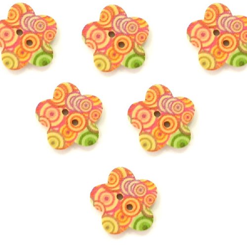 Lot 6 boutons bois : fleur motif cercles 17mm (01)