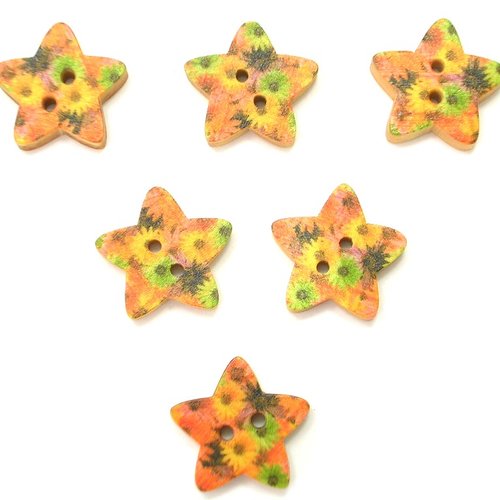 Lot 6 boutons bois : etoile motif fleur 17mm (02)