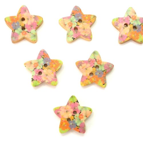 Lot 6 boutons bois : etoile motif fleur 17mm (03)