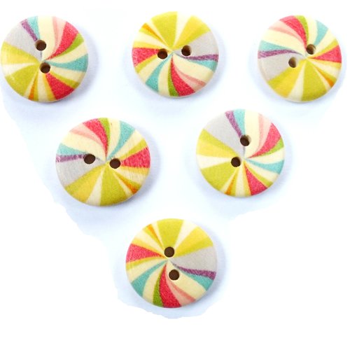 Lot 6 boutons bois : rond arc en ciel 15mm (02)