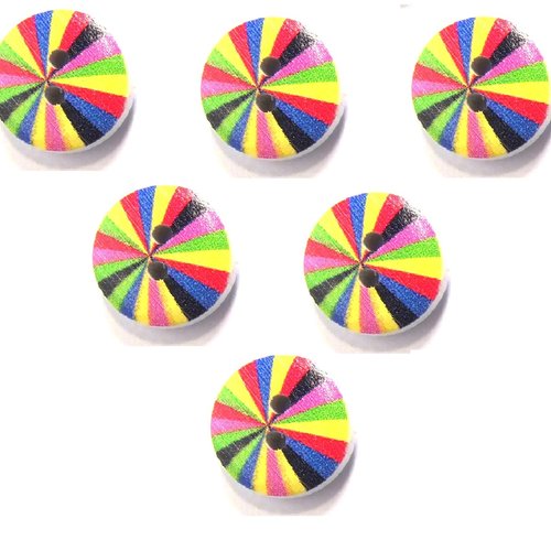 Lot 6 boutons bois : rond arc en ciel 15mm (03)