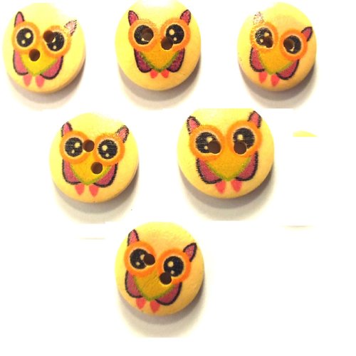 Lot 6 boutons bois : rond motif chouette 15mm (01)