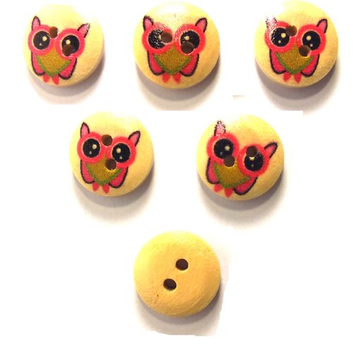 Lot 6 boutons bois : rond motif chouette 15mm (02)