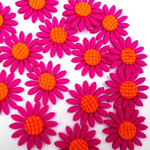 Lot 6 appliques feutrine : marguerite rose fonçé/jaune 3.7cm