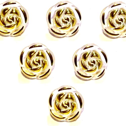 Lot 6 boutons acryliques : forme rose transparente blanc et doré 13mm (01)