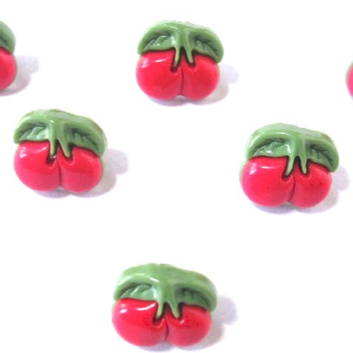 Lot 6 boutons acryliques : cerise rouge/verte  13*12mm