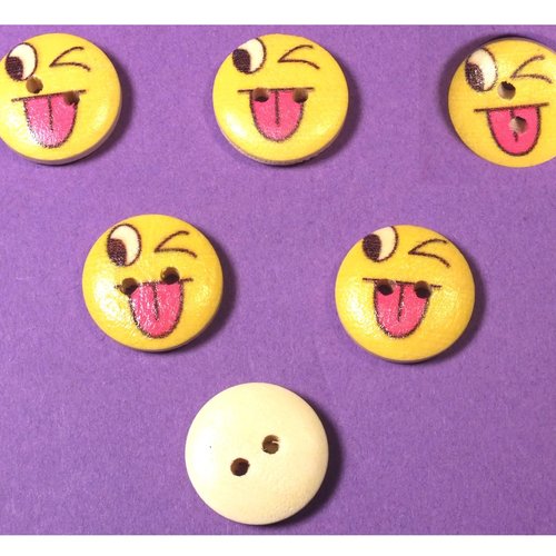 Lot 6 boutons bois : rond motif visage rigolo 15mm (02)