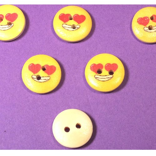 Lot 6 boutons bois : rond motif visage rigolo 15mm (03)