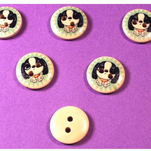 Lot 6 boutons bois : rond motif chien 15mm (01)