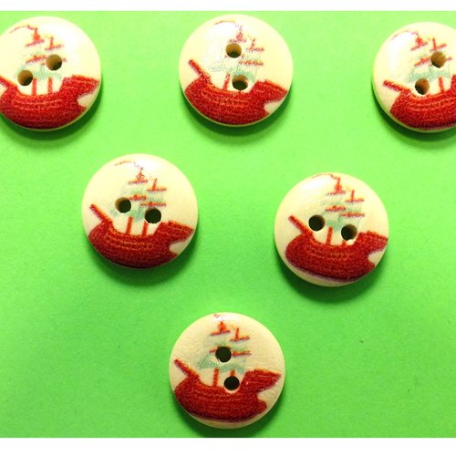 Lot 6 boutons bois : rond thème mer motif bateau 15mm (32)