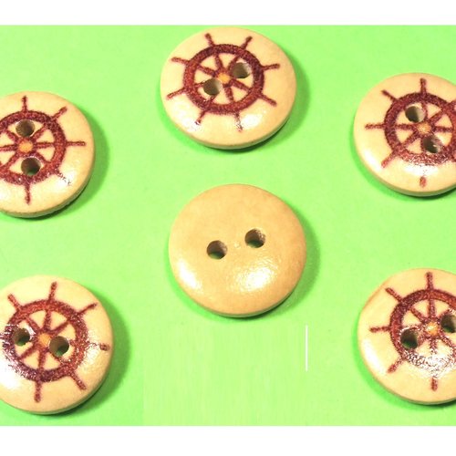 Lot 6 boutons bois : rond thème mer motif barre 15mm (45)