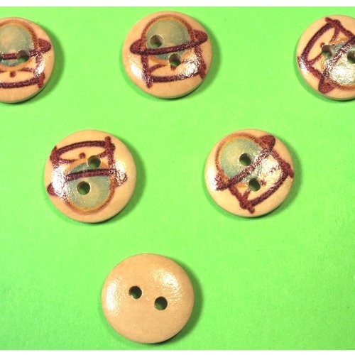 Lot 6 boutons bois : rond thème mer 15mm (46)