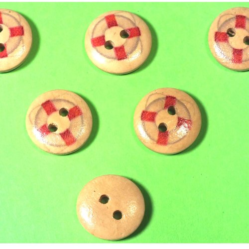 Lot 6 boutons bois : rond thème mer motif bouée 15mm (50)