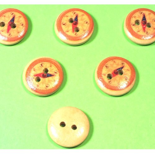 Lot 6 boutons bois : rond thème mer motif boussole 15mm (47)