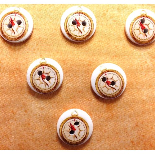 Lot 6 boutons bois : rond thème mer motif boussole 15mm (57)