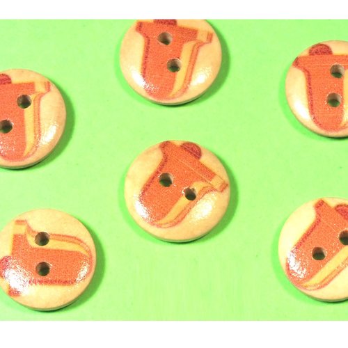 Lot 6 boutons bois : rond thème mer motif cloche 15mm (54)