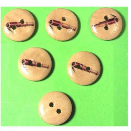 Lot 6 boutons bois : rond thème mer 15mm (49)