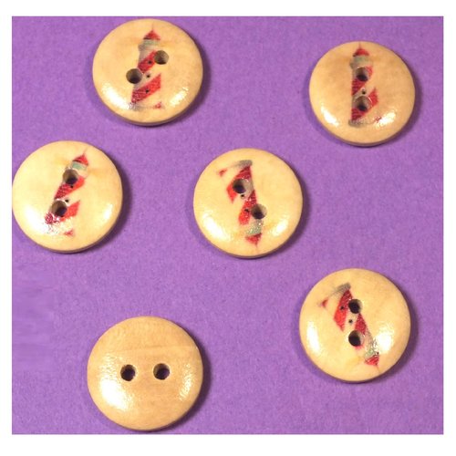 Lot 6 boutons bois : rond thème mer motif phare 15mm (55)
