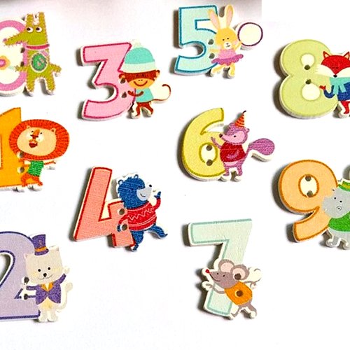 Lot 10 boutons bois : chiffres de 0 à 9 avec motif animaux hauteur 27mm