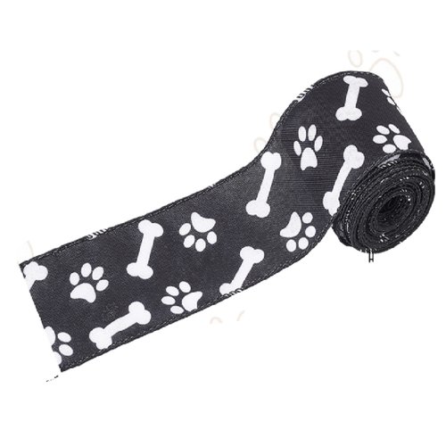 Ruban pour fleuriste : noir motif patte de chien et os largeur 60mm - longueur 100cm