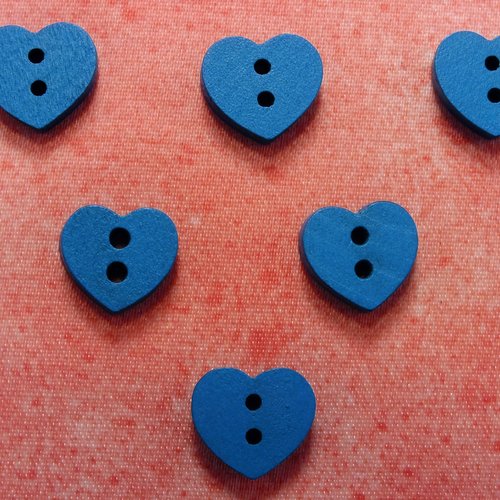 Lot 6 boutons bois : coeur bleu 15*13mm (04)
