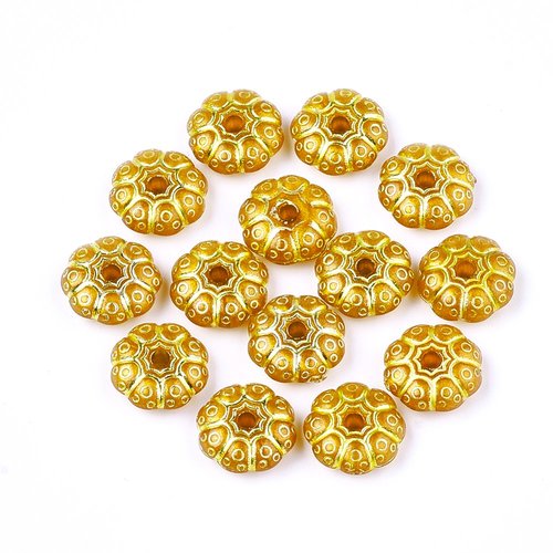 Lot 25 perles acryliques : rondes plates motif fleur dorée 10*4mm