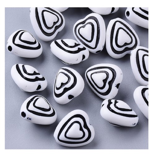 Lot 25 perles acryliques : coeur blanc/noir 12*10mm