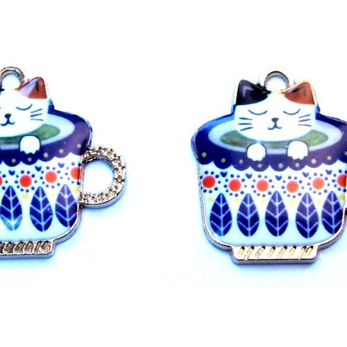 Lot 2 charms/breloques  plaqué doré  : chat dans une tasse 23*21mm (02)