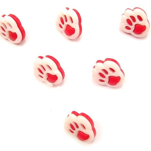 Lot 6 boutons acryliques : patte de chien rouge/blanc 13*12mm (01)