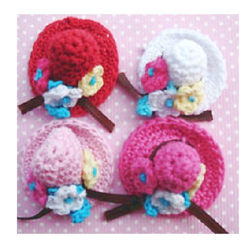 Lot 4 appliques au crochet coton : chapeau rouge, rose clair, rose fonçé et blanc 3.5cm
